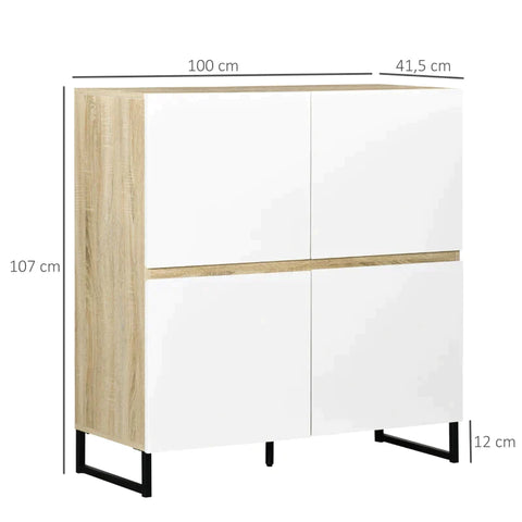 Rootz Sideboard – Schrank – 4 Fächer – versteckte Griffleisten – Kippschutz – Holz + Stahl – Weiß + Natur – 100 x 41,5 x 107 cm