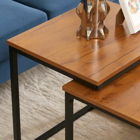 Rootz Side Table Set - Small Nesting Table - Two Shelves - Steel Frame - Wood Look - Chipboard - Natural + Black - 110 x 50 x 45cm