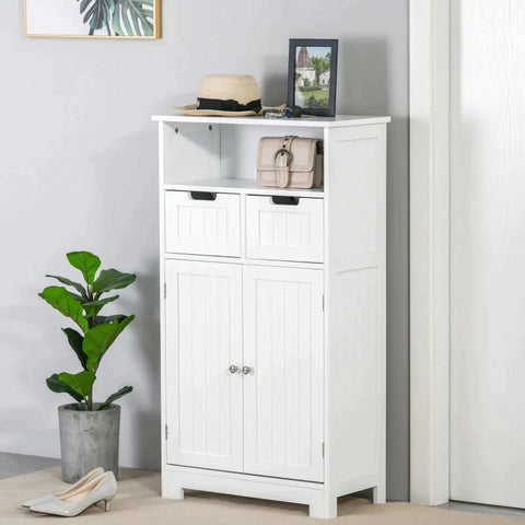 Rootz Bathroom Cabinet - Bathroom Storage Cabinet - Bathroom Cabinet With 2 Drawers 1 Door - Freestanding Cupboard - White - 60 x 30 x 108.8 cm