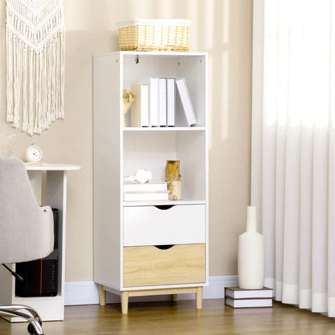 Rootz Bookcase - Storage Shelf - Bookcase - Standing Shelf With 2 Compartments - 2 Drawers - Wood Decor - White - 48 x 40 x 131 cm