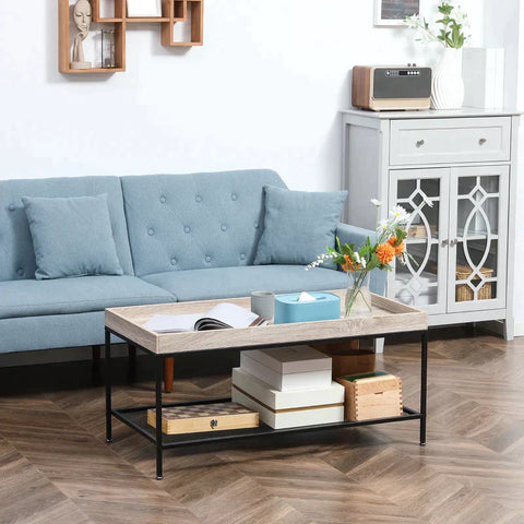 Rootz Couchtisch – Beistelltisch – mit Gitterablage – erhöhte Tischkante – Stahlrahmen – Holzplatte – MDF/Stahl – Naturholz – 100 x 50 x 46,5 cm