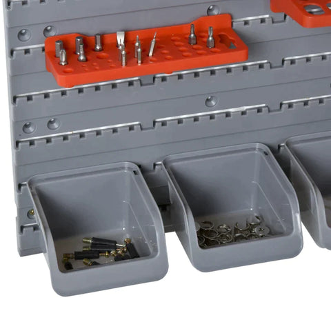 Rootz Pegboard - Perforated Tool Set - Wall Shelf - 44 Pieces Tool Board - Wall Holder Tool - Stackable Containers - Grey/Red - 63.5 x 22.5 x 95.5 cm