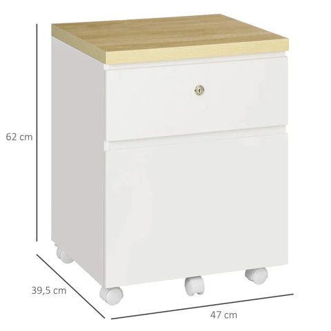 Rootz Mobiele container - Archiefkast met 2 Laden met Slot - Kast met Hangstangen - 5 wielen - Thuis - Kantoor - Studie - Naturel + Wit - 47 cm x 39,5 cm x 62 cm