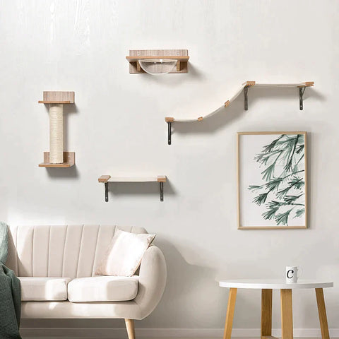 Rootz Climbing Wall For Cats - Cat Climbing Wall With Scratching Post - Cat Stairs - Cat Furniture Hammock - Sisal Acrylic Pine - Light Brown - 100L x 25.5W x 17.5H cm