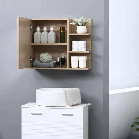 Rootz Mirror Cabinet - Mirror Door Cabinet With 5 Shelves - Chipboard - Glass - Natural - 60cm x 18cm x 50cm