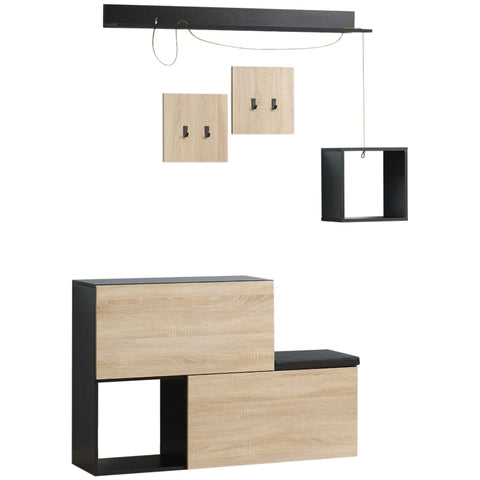Rootz 4-in-1-Kleiderschrank – Schuhbank und Wandregal – Aufbewahrungsset für den Eingangsbereich – Schwarz + Natur – 120 cm x 32 cm x 78 cm