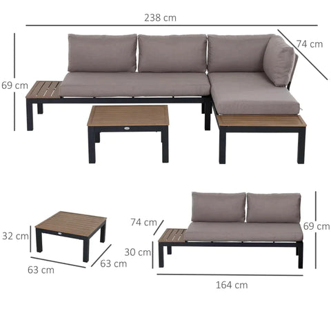 Rootz Tuinmeubelset - Bijzettafel Sofa - Sofaset - Salontafel - Bank met Kussens - Aluminium - 164 x 74 x 69 cm