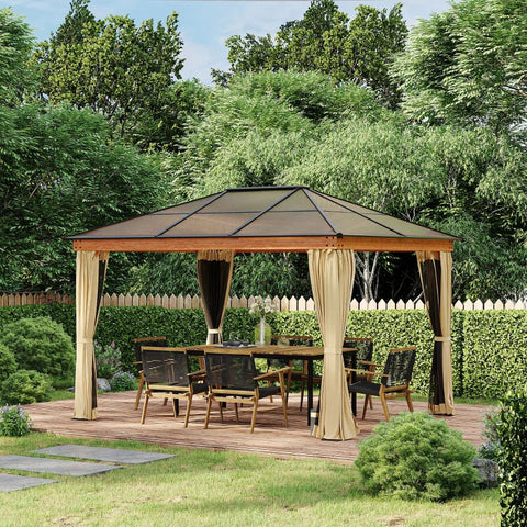 Rootz Gazebo - Polycarbonate Roof - 4 Side Walls And Mosquito Nets - Steel Frame - Khaki - 3 x 3.60 x 2.70 m