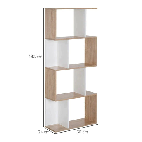 Rootz Bookshelf - Four-Tier S-shaped bookshelf - White & Oak Tone - 60W x 24D x 148H cm