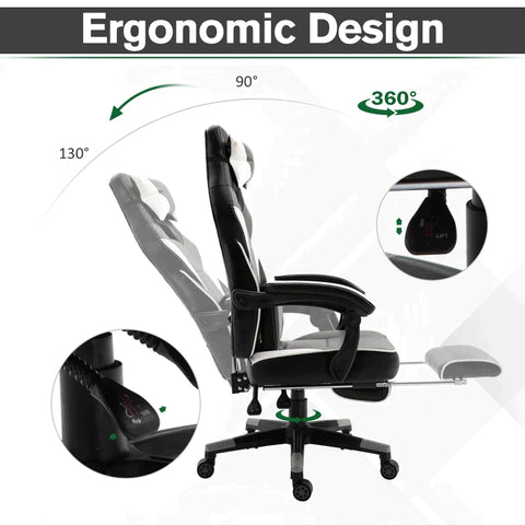 Rootz Gaming Chair - Massage Chair - Office Chair - Swivel Chair - Ergonomic Faux Leather - Foam - Grey+White+Black