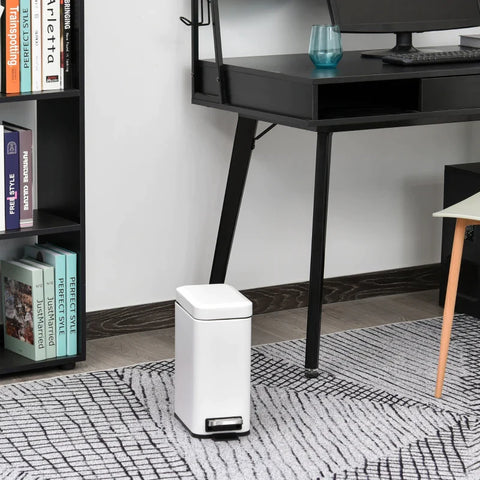 Rootz Rectangular Compact - Bin Steel - Quiet-close Lid - W/ Pedal Lid Rubbish - Trash Can Home - Office Bedroom - Bathroom Living Room - Garbage - White - 29.2L x 14W x 32H cm