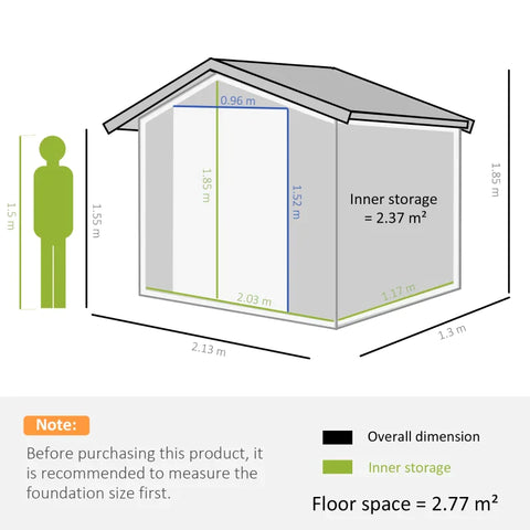 Rootz Garden Shed - Tool Shed - Metal Storage Shed With Sliding Doors - Outdoor Storage Shed With Foundation Ventilation - Charcoal Grey - 2.13 x 1.30 x 1.85 cm
