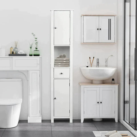 Rootz Bathroom Cabinet - Tall Bathroom Cabinet - With Drawers - Cabinet Storage - Cabinet - 1 Open Compartment - White - 34 x 30 x 163 cm