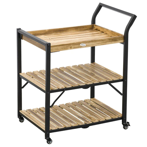 Rootz Outdoor Serving Trolley - Three Levels - Four Wheels - Steel Frame - Natural Wood - Natural + Black - 79 x 50 x 90cm