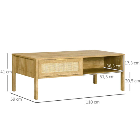 Rootz Couchtisch – Beistelltisch – TV-Bank – Wiener Netzoptik – 1 Schublade 1 Schrank – Spanplatte, Rattan – Naturholz – 110 cm x 59 cm x 41 cm