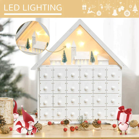 Rootz Christmas Advent Calendar - Christmas Calendar With LED Lights - With 24 Draw Boxes - 2-in-1 Design Christmas Decoration - White - 39 x 9 x 42 cm