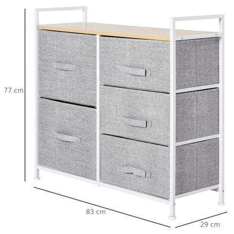 Rootz Drawer Cabinet - Storage Cabinet - Fabric Chest Of Drawers - 5 Fabric Drawers - Fabric + Wood + Metal Frame - Grey - 83 x 29 x 77 cm