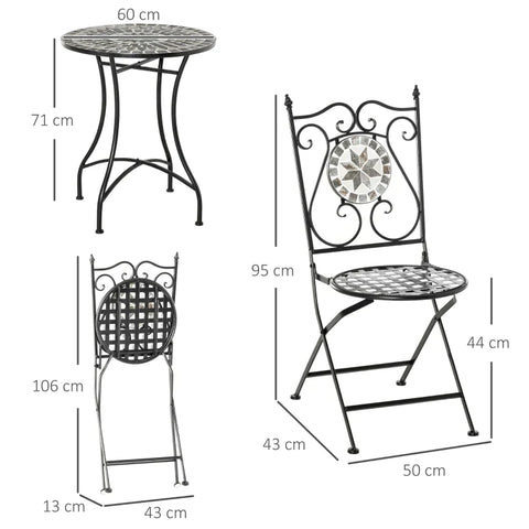 Rootz 3-teiliges Garten-Bistro-Set mit Mosaikfliesen – Gartensitzgruppe – Tisch – Set mit 2 Klappstühlen – Balkon – Grau