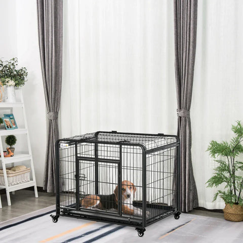 Rootz Metal Dog Cage - Kennel - Locking Door & Wheels - Removable Tray - Openable Top For Large Pets - Black - 94 cm x 58 cm x 69.5 cm