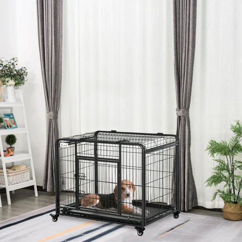 Rootz Metalen Hondenkooi - Kennel - Vergrendelbare Deur en Wielen - Verwijderbare lade - Openbare bovenkant voor grote huisdieren - Zwart - 94 cm x 58 cm x 69,5 cm
