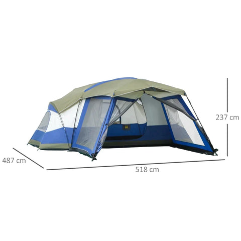Rootz Camping Tent - 6-8 Persoons Tent - Familietent - Koepeltent - Met Voorkamer - 2 Ramen - Polyester/Glasvezel/Staal - Blauw/Groen/Grijs - 518 x 487 x 237 cm