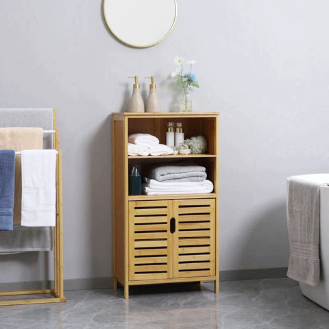 Rootz Bathroom Cabinet - Bathroom Shelf - Bamboo Bathroom Cabinet - With Louvered Doors - 2 Shelves 1 Cupboard - Bamboo - Natural Wood - 50cm x 29cm x 92cm