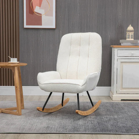 Rootz Rocking Chair - Rocking Chair With Sherpa Fleece - Rubberwood - Steel - Foam - Natural + Cream - 63 cm x 95 cm x 97 cm
