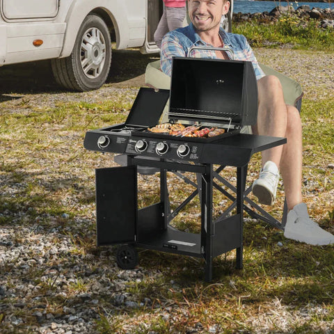 Rootz Gas Grill - Bbq Trolley With 3 Burners - 1 Side Burner - Pressure Reducer - Hoses Cabinet - Multifunction - Steel - Black - 110 x 50 x 100 cm