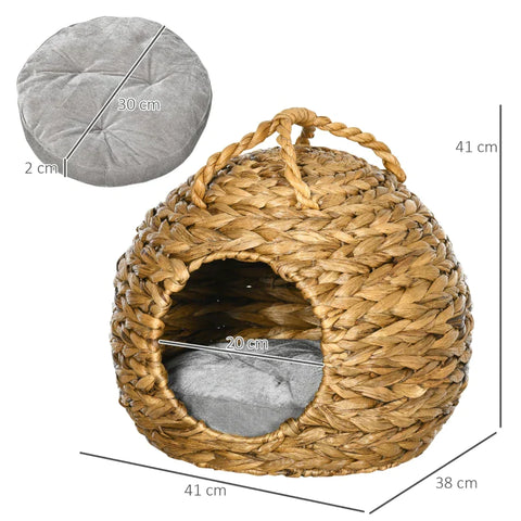 Rootz Cat Cave - Rattan Cat House - Water Hyacinth Grass with Handle - Natural - 41cm x 38cm x 41cm