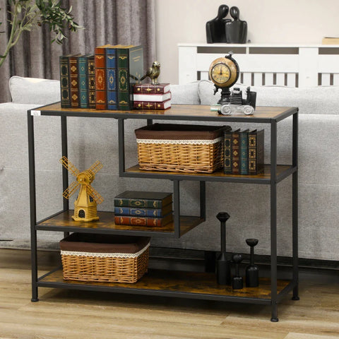 Rootz Shelf - Console Table - Industrial Design - 4 Shelves - Steel Frame - Chipboard - Rustic Brown + Black - 99.6 x 33.6 x 74 cm