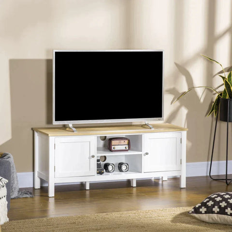 Rootz TV Bench - TV Dresser - Two Cupboard Compartments With Doors - 2 Open Compartments - White + Nature - 120 x 35 x 48cm