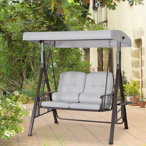 Rootz 2-seater Swing Chair With Canopy - Hollywood Swing - Garden Swing Chair - Metal + Polyester - Grey + Brown - 1.62 x 1.18 x 1.73 m