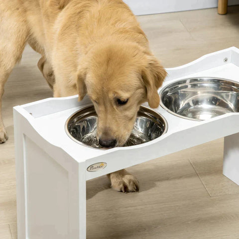 Rootz Feeding Station - Bowl Stand - Dog Feeding Station - 2 Feeding Bowls - For Large Dogs - Stainless Steel/MDF - White - 63 x 30 x 24cm