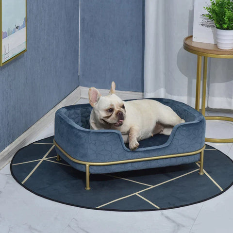 Rootz Dog Sofa - Dog Sofa with Backrest - Pet Sofa with Metal Legs - Dog Bed - Soft Cover - Cat Sofa - Metal - Blue + Gold - 63.5 x 43 x 24.5 cm