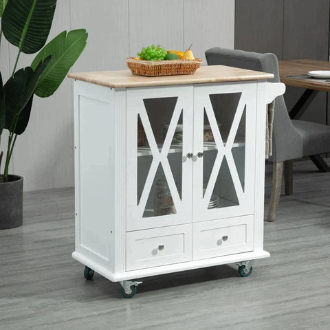 Rootz Kitchen Trolley - Serving Trolley - Kitchen Cabinet - With Hidden Wheels And Towel Rail - Country-style Kitchen Trolley - MDF - Natural+White - 80 x 45 x 92 cm