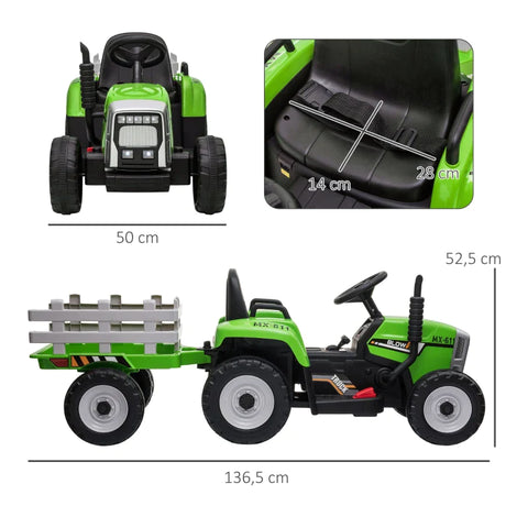 Rootz Electric Children's Car - Children's Tractor - Parent Remote Control - Max. Speed Of 6 Km/h - Plastic - Green + Black - 136.5L x 50W x 52.5H cm