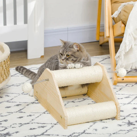 Rootz Scratching Post With Integrated Toy - Including 2 Balls With Springs - Cat Toy - Pine Wood - Natural + Cream White - 40 cm x 27.5 cm x 21 cm