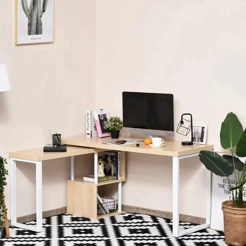 Rootz Corner Desk - Kitchen Table - L-shape Desk With Shelves - Corner Desk - Pc Table - Computer Desk - Office Table - White/Oak - 220 x 55 x 76 cm