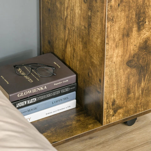 Rootz Side Table - Mobile Table - C-Shape Side Table - Coffee Table - Laptop Table - Snack Table - With Storage And Casters - Chipboard - Rustic Brown - 60 x 40 x 70 cm