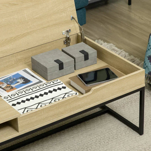 Rootz Side Table - Coffee Table - Modern Design - Hidden Storage Space - Chipboard/Steel - Natural/Black - 60 x 60 x 45cm