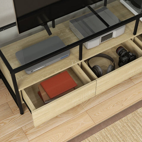 Rootz Tv Bench - Industrial Design - 3 Cabinets - 3 Open Shelves - Glass Top - Easy To Clean - Wood Material - Natural + Black - 148L x 40W x 47H cm