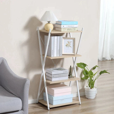 Rootz Bookshelf - X-shape Standing Shelf With 4 Levels Storage Rack - Living Room - Bedroom - Kitchen - Office - Chipboard - Metal - Natural - 54 x 35 x 110 cm