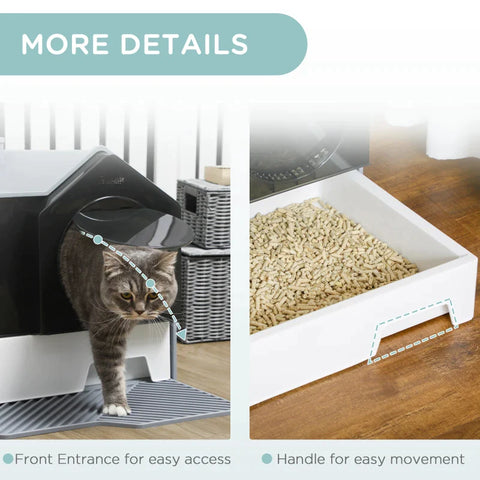 Rootz Hooded Cat Litter Tray with Scoop - Cat Litter Box with Drawer Pan - Handle - Deodorants - Hut Design - Front Entrance - Grey - 47 x 45 x 42cm