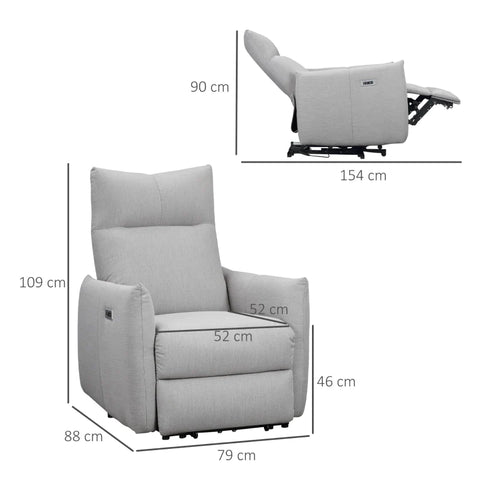 Rootz Fauteuil - TV Stoel - Recliner Chair - Relaxfauteuil - Met Elektrische Motor - USB Oplaadpoort - Linnen Look Polyester/Staal/Foam - Grijs - 77 x 89 x 107 cm