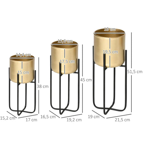 Rootz Bloemenstandaards - Set Van 3 Metalen Bloemenstandaards - Goud - 21.5L x 19B x 51.5H cm