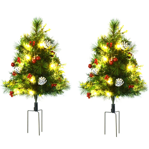 Rootz Christmas Trees - Set Of 2 Christmas Trees -  Mini Artificial Christmas Tree - Pine Cone And Red Berry - Baubles And Warm - White Led Lights - Green