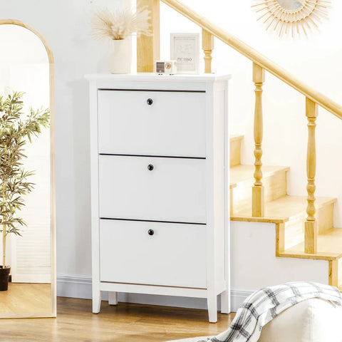 Rootz Shoe Cabinet - With 3 Tilting Compartments - Adjustable Shelves - Chipboard - Plastic - White - 70 cm x 26 cm x 123 cm