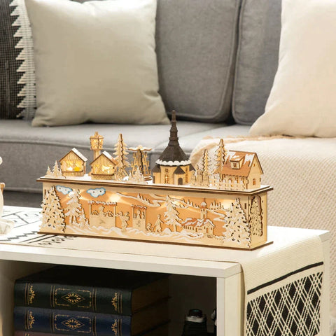 Rootz Christmas Village - Christmas Decoration - Snowy Christmas Village - 10 Leds - Warm White Light - Wood - Natural - 45 x 10 x 25cm