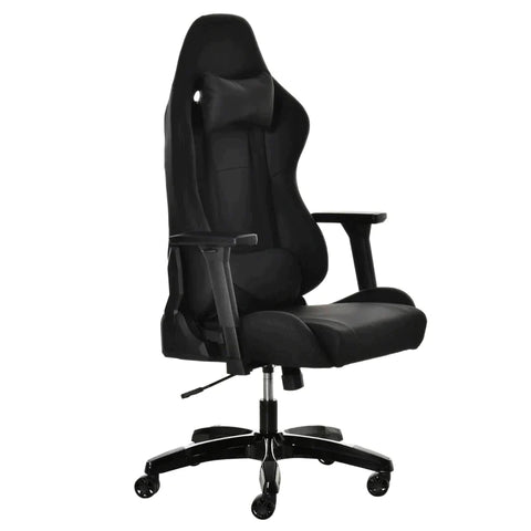Rootz Gaming Stuhl – Bürostuhl – Ergonomischer Drehstuhl mit Kopfstütze – Stuhl mit Wipp- und Liegefunktion – Lendenkissen – 90–160° Neigungswinkel – Kunstleder – Schwarz – 71 x 58 x 125–131 cm