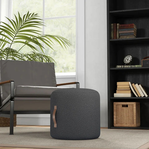 Rootz Stool - Footstool - Modern Design - Bed Bench - Faux Leather Handle -polyester+foam - Dark Gray + Brown - Ø48 x 45H cm